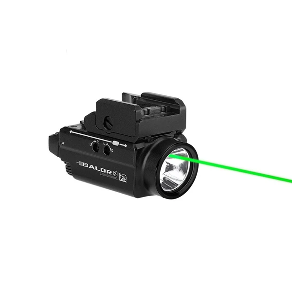 Olight Black Baldr S tactical light with green laser sight for aiming and illumination.