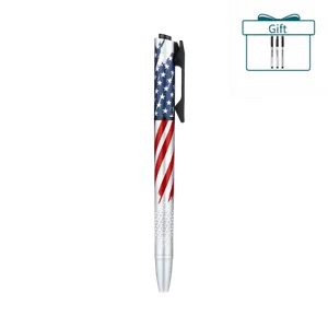 American flag tactical pen with glass breaker, LED light, red light, and green laser pointer.