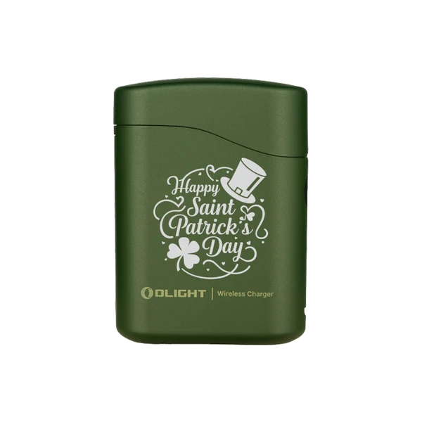 Olight Green Baton 4 Premium Wireless Charger Front View with Happy Saint Patrick's Day design for everyday use.