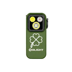 Olight Green Oclip Pro front view with shamrock graphic for portable illumination and everyday carry.