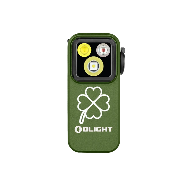 Olight Green Oclip Pro front view with shamrock graphic for portable illumination and everyday carry.