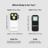 Olight Oclip Pro and Oclip comparison chart showcasing size, weight, and key features of these compact clip-on EDC lights
