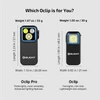 Olight Black Oclip Pro and Oclip comparison chart showing size weight and light features for compact EDC use