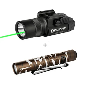 Olight PL-Mini 2 Valkyrie tactical weaponlight with green laser, plus brown camouflage Baton 3 flashlight