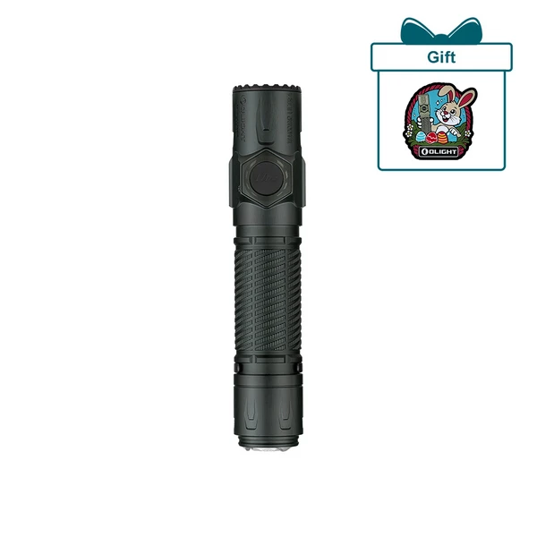 Olight Warrior X 4 flashlight, Easter Bunny gift badge, black tactical light
