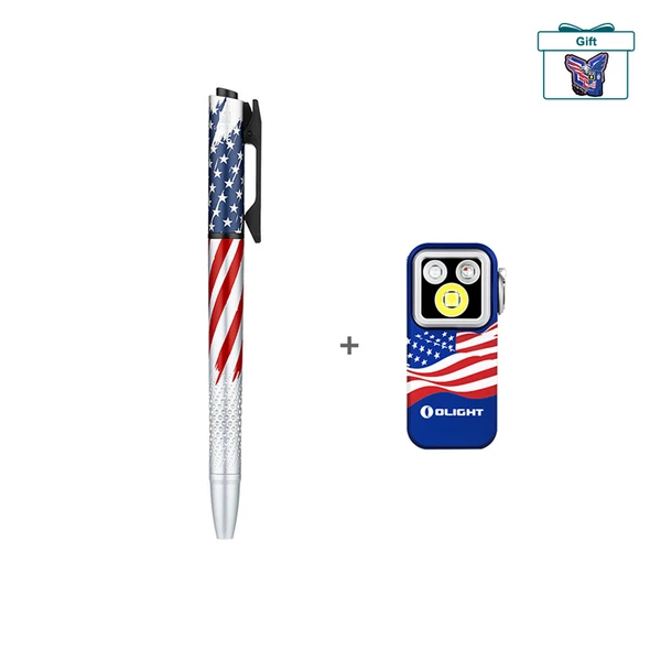Olight American flag pattern tactical pen and LED light set, patriotic EDC tools with stars and stripes design