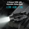 Olight black PL-3S weapon light side view with 1000 lumens and adjustable sliding block for tactical use.