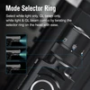 Flashlight mode selector ring with options for white light, GL beam, or a combination.