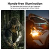 Hands-free flashlight: man in forest with clipped light, man fixing car engine with magnetic light.