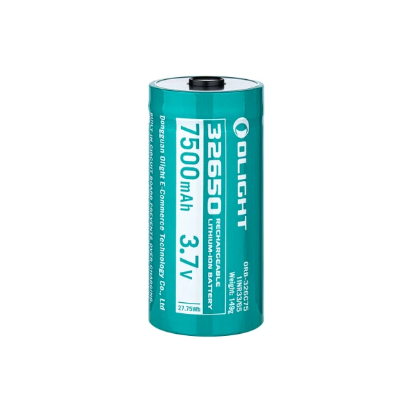 Olight 32650 rechargeable lithium-ion battery 7500mAh 3.7V, 27.75Wh, built-in overcharge protection.