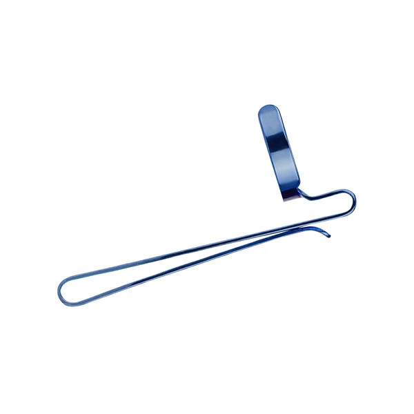 Blue metallic wire-form surgical tissue retractor.