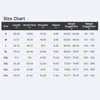 Apparel size chart with measurements for length, bust/chest, shoulder, sleeve, height, and weight suggestions.