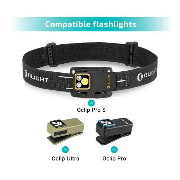 Olight Black Oclip Headband showing compatibility with Oclip Pro S, Oclip Ultra and Oclip Pro clip-on flashlights