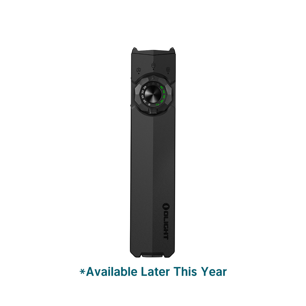 Olight black flat EDC flashlight with selector dial and battery indicators on white background