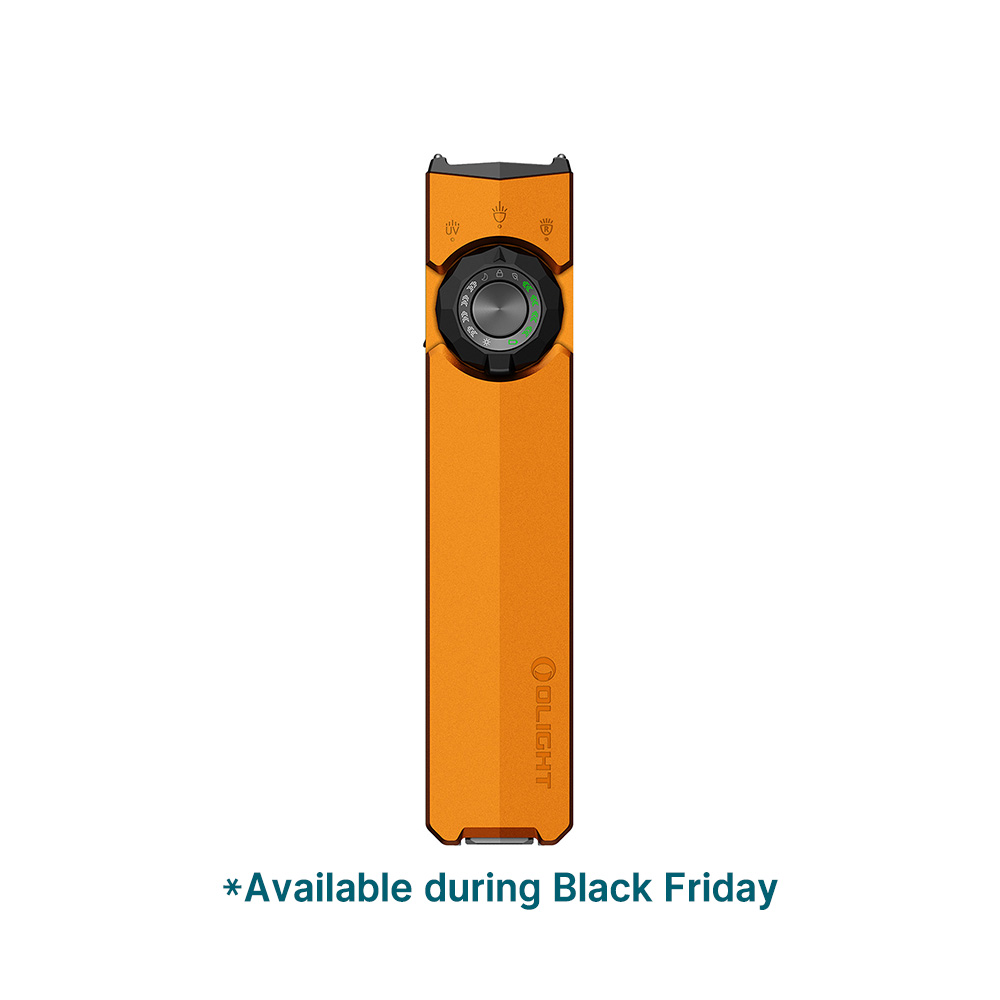 Olight orange flat EDC flashlight with rotary switch and UV light option, Black Friday deal item isolated on white background.