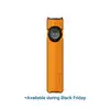 Olight orange flat EDC flashlight with rotary switch and UV light option, Black Friday deal item isolated on white background.