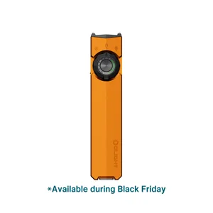 Olight orange flat EDC flashlight with rotary switch and UV light option, Black Friday deal item isolated on white background.