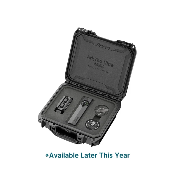 Olight ArkTac Ultra Premium tactical flashlight kit inside a protective black hard case with custom foam inserts