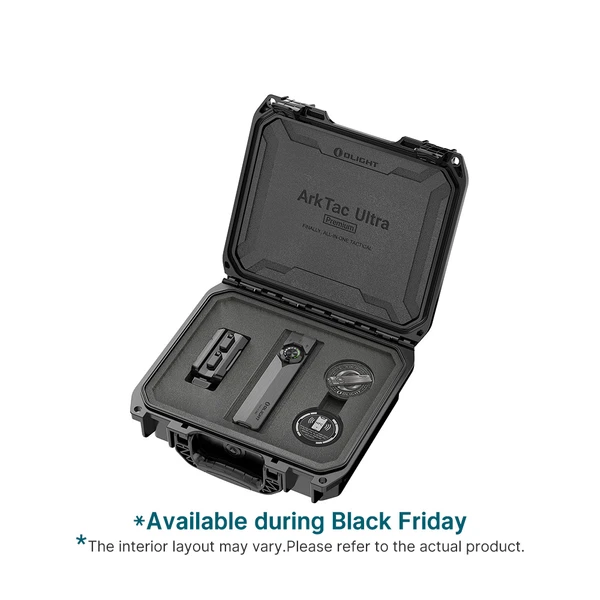 Olight ArkTac Ultra Premium tactical flashlight kit inside a protective black hard case with custom foam inserts