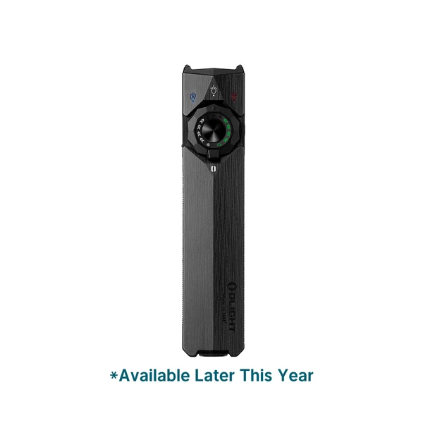 Sleek black Olight Arkfeld Pro flat flashlight with UV light and laser pointer features, isolated on white background