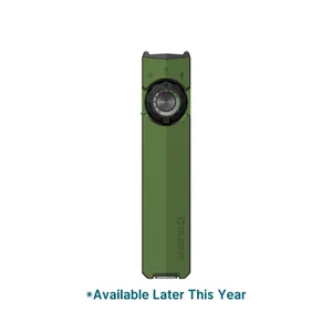 Olight green flat EDC flashlight featuring a rotary dial and multi-functional LED light settings on a white background
