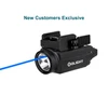 Olight Black ARKFELD weapon light side view with blue laser and rail mount for tactical aiming.