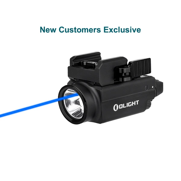 Olight Black ARKFELD weapon light side view with blue laser and rail mount for tactical aiming.