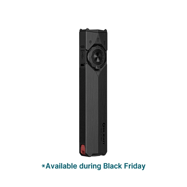 Olight sleek black flat EDC flashlight with selector dial, isolated on white background with Black Friday text