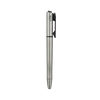 Sleek brushed metal ballpoint pen with a textured grip and black pocket clip isolated on a black background