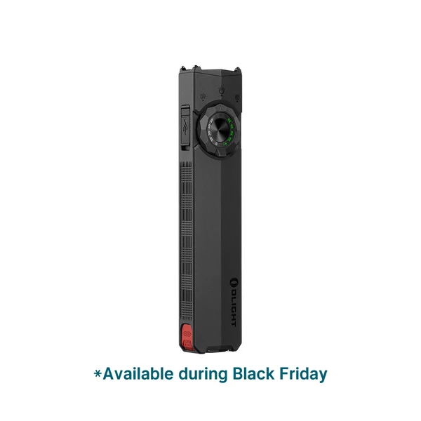 Olight Arkfeld Pro flat flashlight with UV and laser on white background