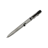 Sleek silver tactical bolt action pen with integrated LED light isolated on black background