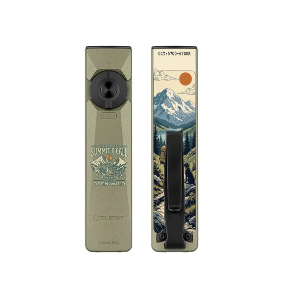 Olight Olive Green Arkfeld Ultra Flat Flashlight Front and Back View with Mountain Graphic and Pocket Clip for EDC Outdoor Use