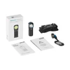 Olight Black Perun 3 Mini right-angle flashlight with headlamp strap, charging cable, and manuals for versatile use.