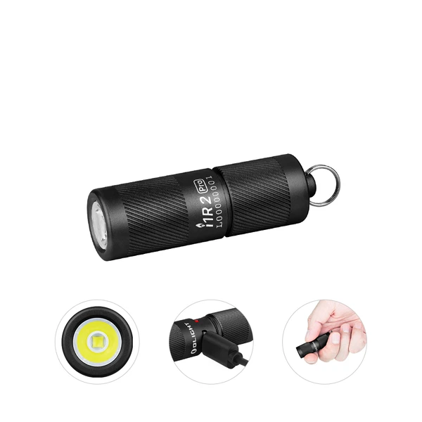 Olight Black I1R 2 Pro EOS keychain flashlight with textured body for everyday carry and emergency use