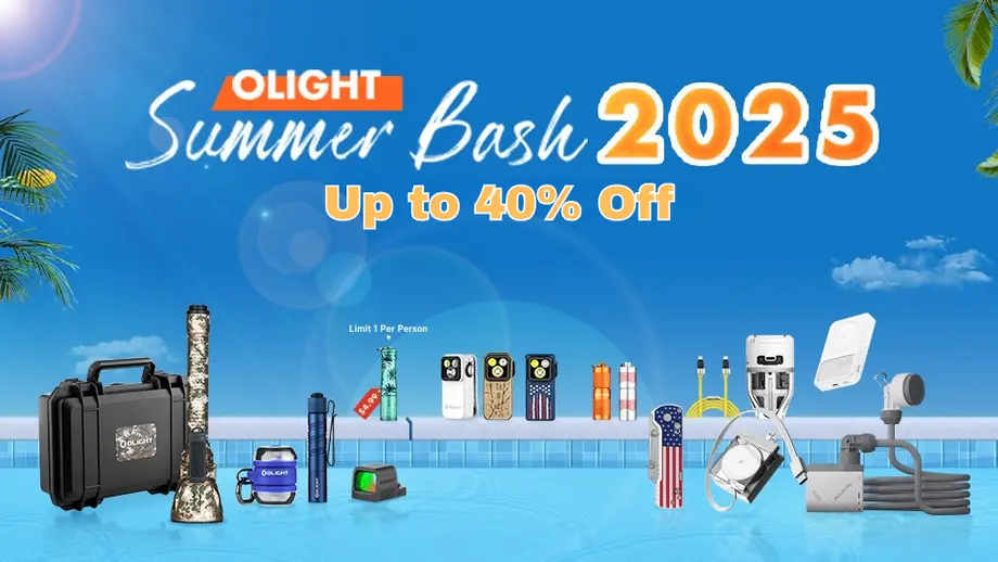 Olight Summer Bash 2025 promotion: diverse outdoor gear and flashlights on sale, up to 40% off.