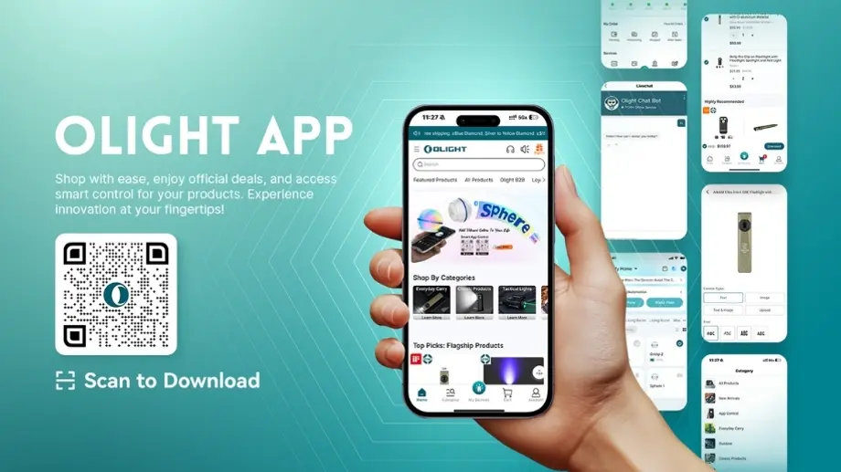 Smartphone displays Olight app shopping, smart control, and QR code for download.
