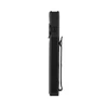 Slim profile of a black tactical flashlight with textured grip and pocket clip isolated on white background