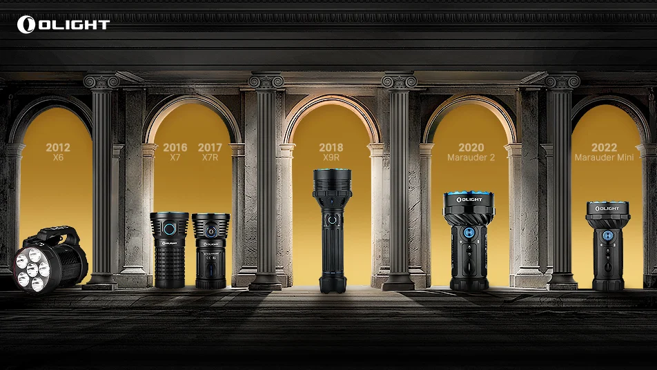 Olight flashlight evolution: X6 (2012), X7 (2016), X7R (2017), X9R (2018), Marauder 2 (2020), Marauder Mini (2022)
