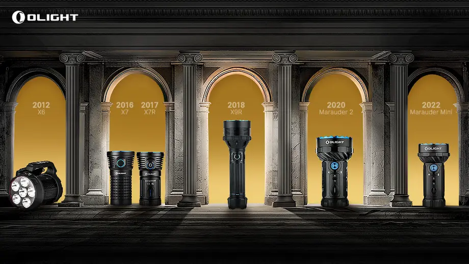 Olight flashlight evolution: X6 (2012), X7 (2016), X7R (2017), X9R (2018), Marauder 2 (2020), Marauder Mini (2022)