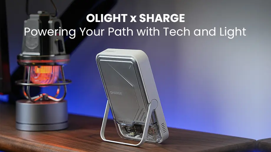 Olight lantern and Sharge power bank. Olight x Sharge: Powering Your Path with Tech and Light.