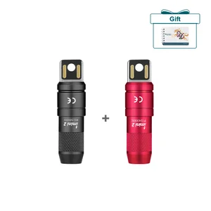 Black and red iMini 2 EDC keychain flashlights with gift box, magnetic charging, compact, everyday carry.