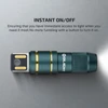 Olight teal flashlight, gold accents, USB-A connector, instant on/off, emitting bright light.