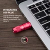 Red mini flashlight with integrated USB-A plug for direct charging from any USB-A port, like a laptop.
