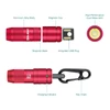 Red Olight flashlight with aluminum alloy body, magnetic cap/base, cool white LED, integrated USB plug, charging indicator, and keychain.