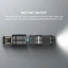 Olight magnetic flashlight with instant on/off, showing quick light activation.