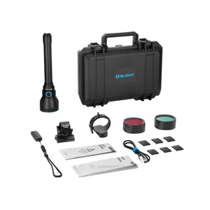 Olight Black Javelot Turbo 2 long-range tactical flashlight complete kit with case, filters, and accessories for hunting and outdoor use.
