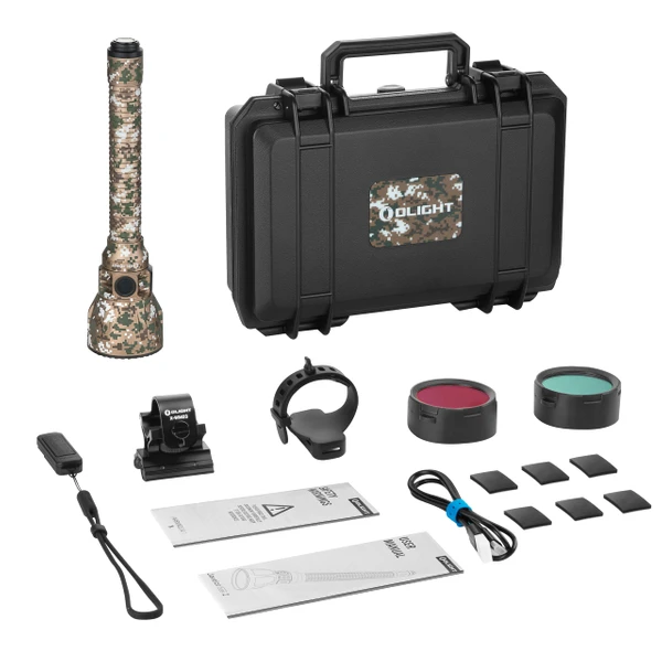 Olight Javelot Turbo 2 Digital Camo Full Kit with Hard Case, Weapon Mount, and Filters for Long-Range Hunting.