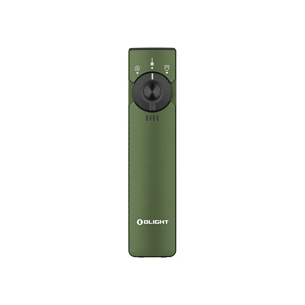 Olight Olive Green Arkfeld Pro Flat EDC Flashlight Front View with Laser UV and LED Selector Switch for Daily Carry