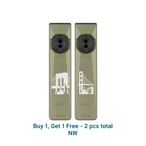 Two Olight Olive Green Arkfeld Ultra EDC Flashlights with Custom Bridge Engravings for Everyday Carry and Outdoor Use