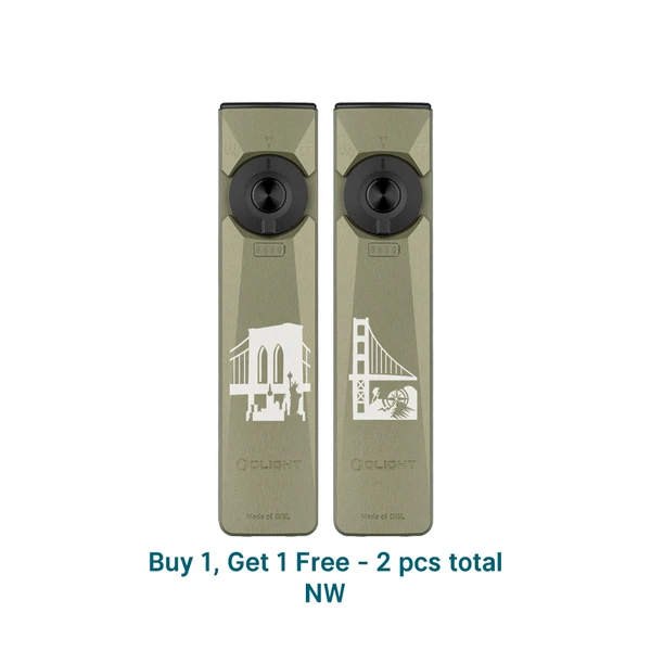 Two Olight Olive Green Arkfeld Ultra EDC Flashlights with Custom Bridge Engravings for Everyday Carry and Outdoor Use